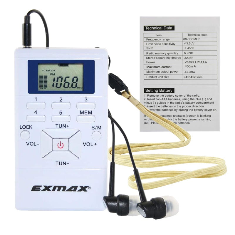 EXMAX E108 Wireless FM Radio Receiver Portable DSP Stereo Pocket Mini Receiver Digital Samll Earbuds LCD Clock for Translator Tour Guide System FM Transmitter Work - White - Image 1